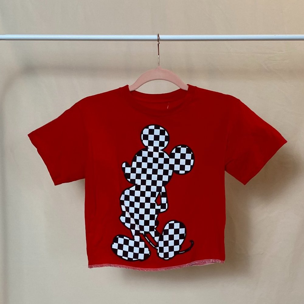 Checkered Mickey Mouse Red Cropped T-Shirt